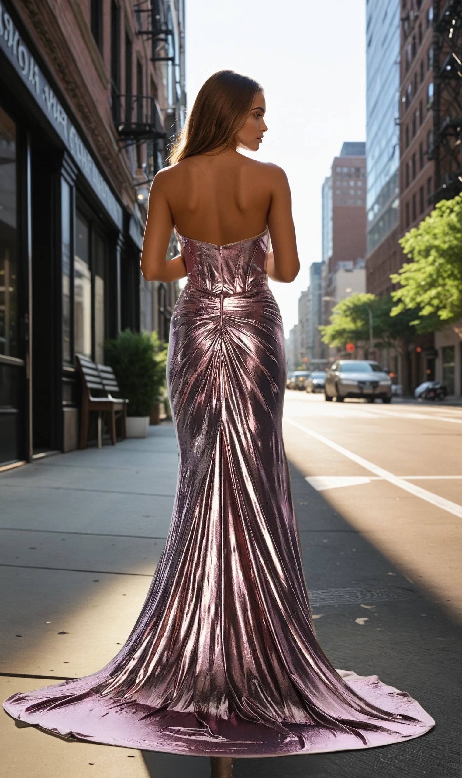 A woman in the Dave & Johnny 12160 Strapless Metallic Prom Gown strolls down a sunny city sidewalk, with buildings and trees in the background.